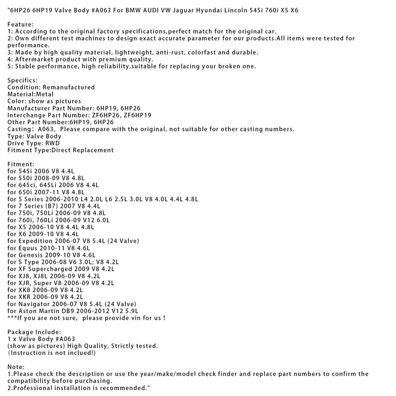 2006–2007 Ford Expedition V8 5,4 l (24 Ventile) Ventilkörper Nr. A063 6HP26 6HP19