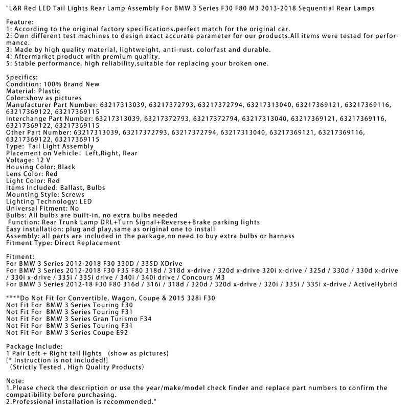 2012–2018 BMW 3er F30 F35 F80 L&amp;R rote LED-Rückleuchten, Rückleuchtenbaugruppe 63217313039 63217372793