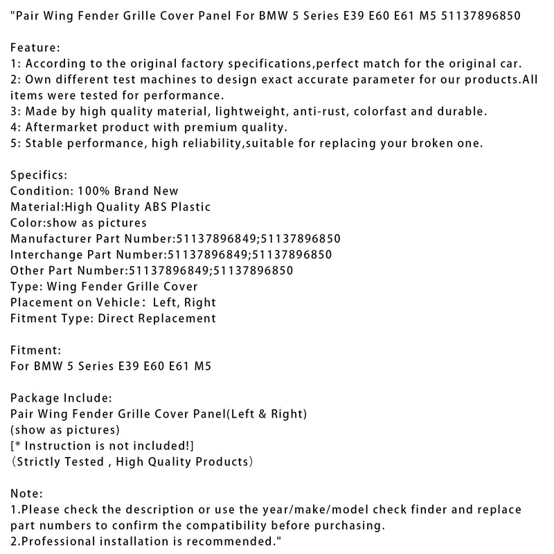 Paar Flügel Fender Grille Abdeckung Panel Für BMW 5 Series E39 E60 E61 M5 51137896850