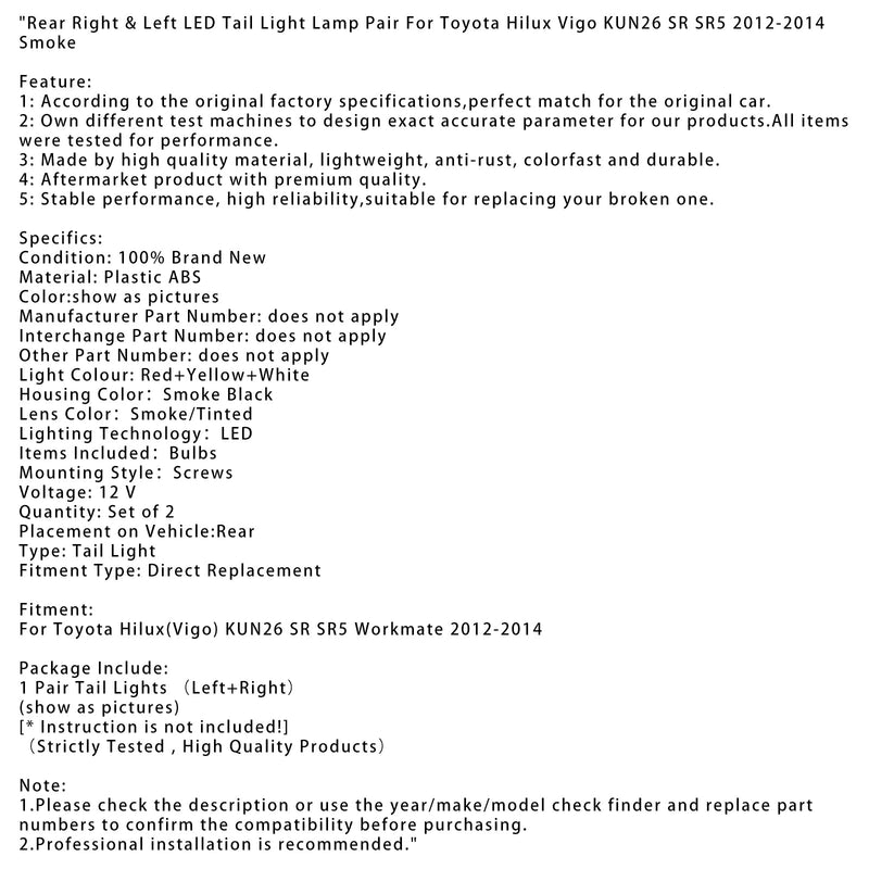 2012–2014 Toyota Hilux Vigo KUN26 SR SR5 Workmate hinten LED Rücklicht Lampe Paar Rauch