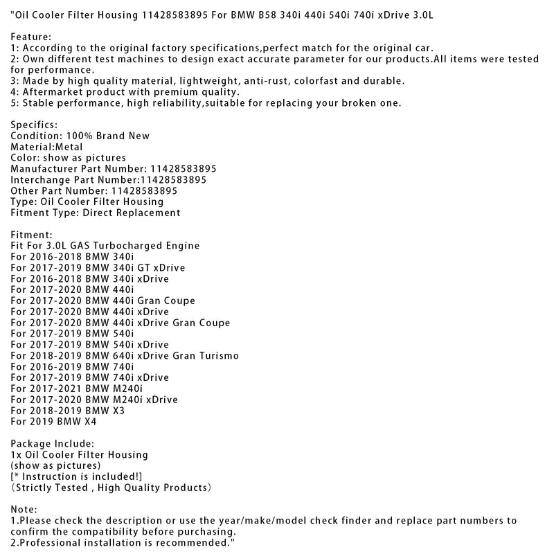 2016–2018 BMW 340i xDrive 3.0L GAS Turbolader Motorölkühler Filtergehäuse 11428583895