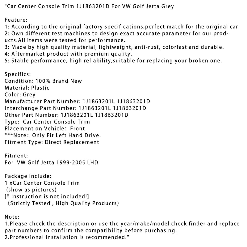 1999-2005 VW Golf Jetta Auto Center Console Trim 1J1863201D Grey