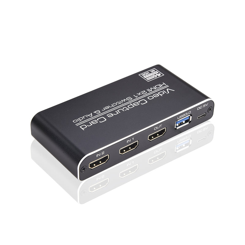 USB3.0 två-i-ett videoinspelningskort HDMI 2X1 switcher & ljudslinga HDMI 4Kp60 & MIC + ljud