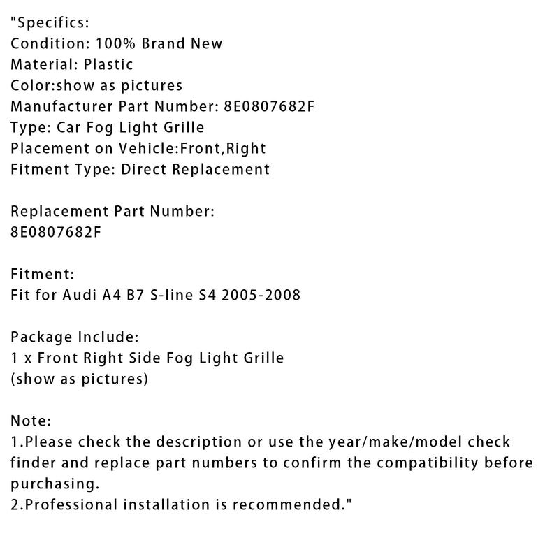 2005–2008 Audi A4 B7 S-line S4 Frente direita grade de nevoeiro de luzes de nevoeiro