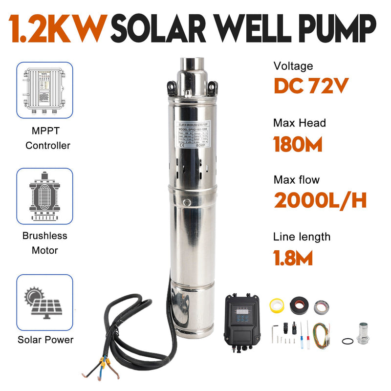 3" 72V 1,2KW Djupbrunnssolar nedsänkbart borrhålsvattenpumphuvud 180M