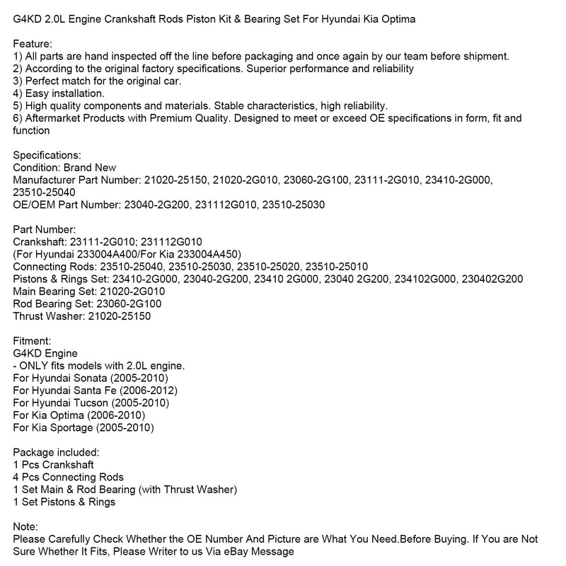 2006-2010 Kia Optima G4KD 2.0L Motor Kurbelwellenstangen Kolbensatz &amp; Lagersatz