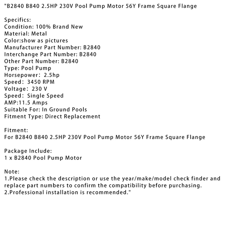B2840 B840 2,5 PS 230 V Pool Pump Engine 56Y Frame Quadrat Flange