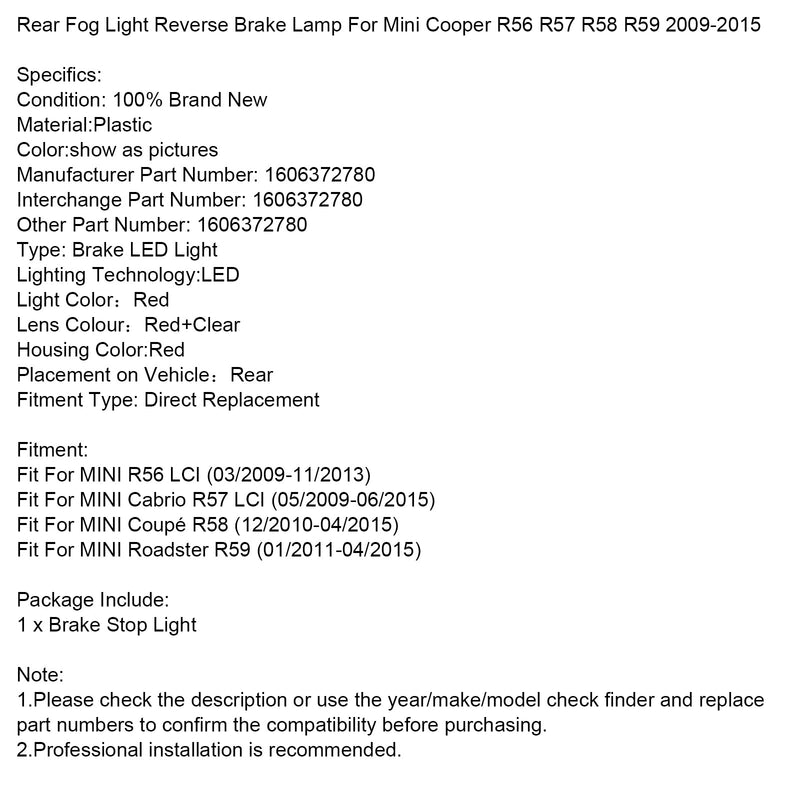 Hinten Nebel Licht Reverse Bremse Lampe Für Mini Cooper R56 R57 R58 R59 2009-2015