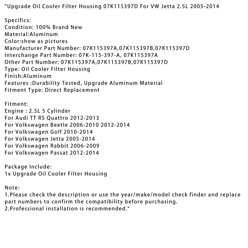 2005-2014 Volkswagen Jetta 5L 5 Zylinder Upgrade Ölkühler Filtergehäuse 07K115397D 07K115397A