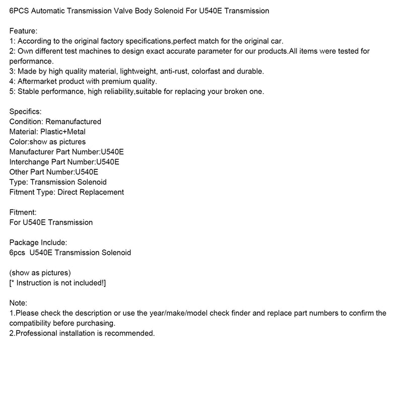 U540E Transmission 6PCS Automatisk växellåda ventilhus solenoid