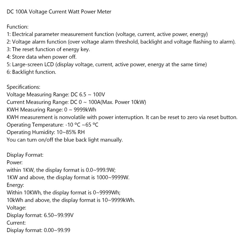 DC 100A 100V Digital LCD Spenning Display Voltmeter Amperemeter Wattmeter