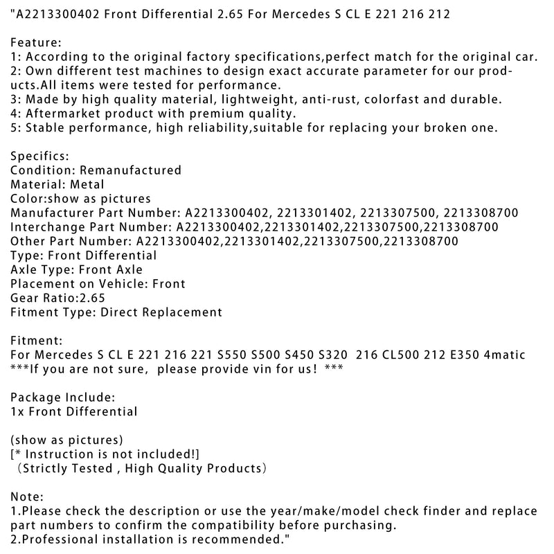 Mercedes S CL E 221 216 212 S500 S450 S320 216 CL500 212 E350 4MATIC framaxel Differential 2.65 A2213300402