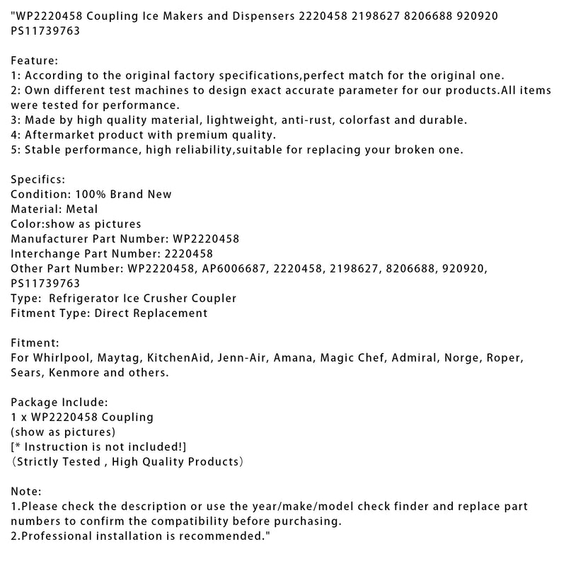 WP2220458 Kupplung Eisbereiter und Spender 2220458 2198627 8206688 920920