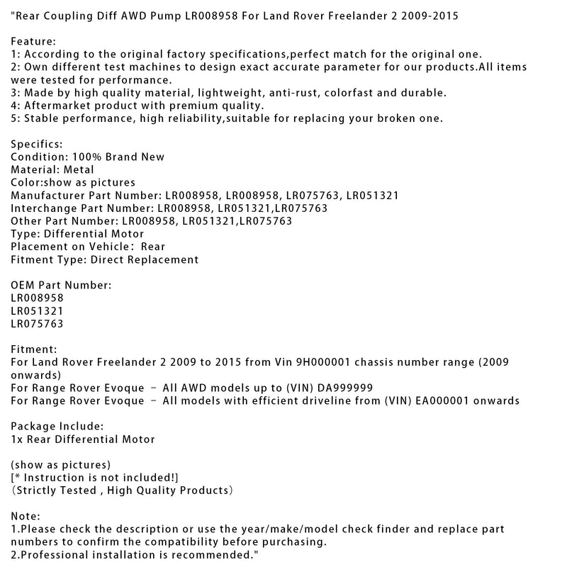 2009–2015 Land Rover Freelander 2 Hinterradkupplungs-Differentialpumpe AWD LR008958