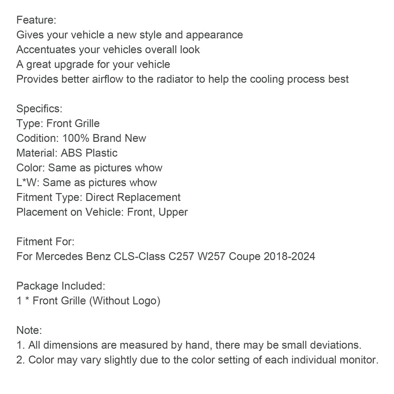 2018-2024 Mercedes CLS C257 W257 Coupé Schwarzer Kühlergrill für die Frontstoßstange