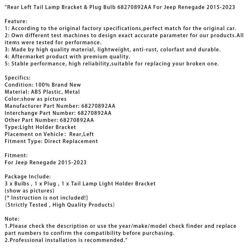 2015-2023 Jeep Renegade Rücklichthalterung hinten links und Steckerbirne 68270892AA