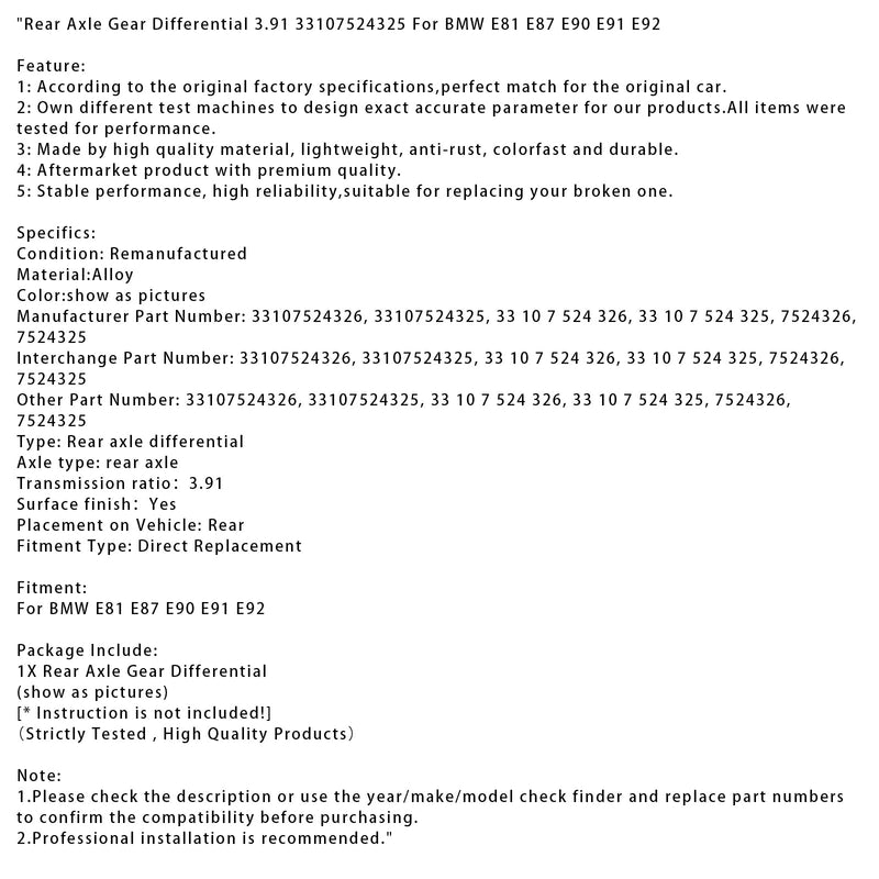BMW E81 E90 E91 E92 Hinterachs Gear Diferencial 3.91 33107524325
