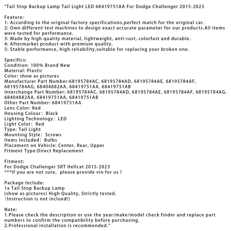 2015-2023 Dodge Challenger SRT Hellcat Rücklicht Rücklicht Rücklicht LED 68195784AC