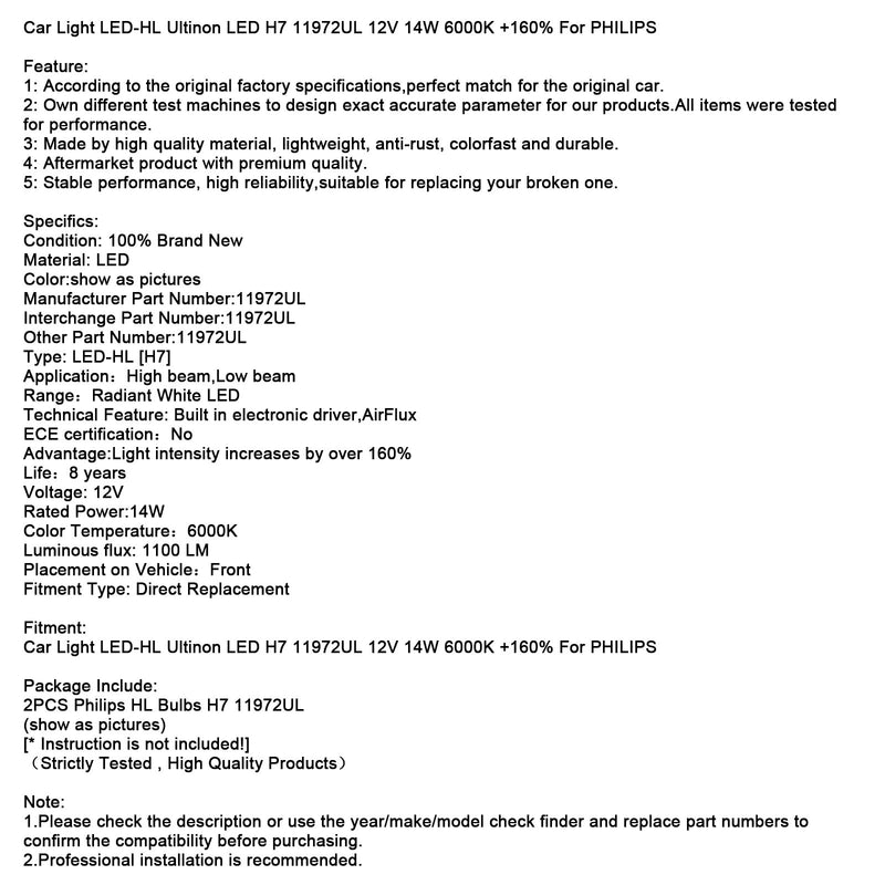 Auto Licht LED-HL Ultinon LED H7 11972UL 12V 14W 6000K +160% Für PHILIPS
