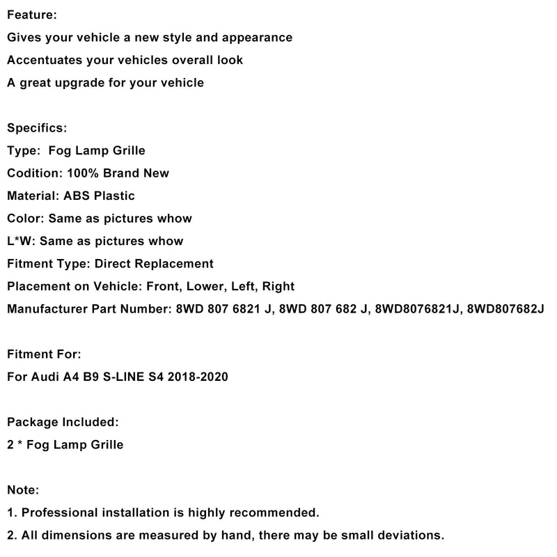 2018–2020 Audi A4 B9 S-LINE S4 schwarz Front Nebelscheinwerfer Kühlergrill Trim Cover