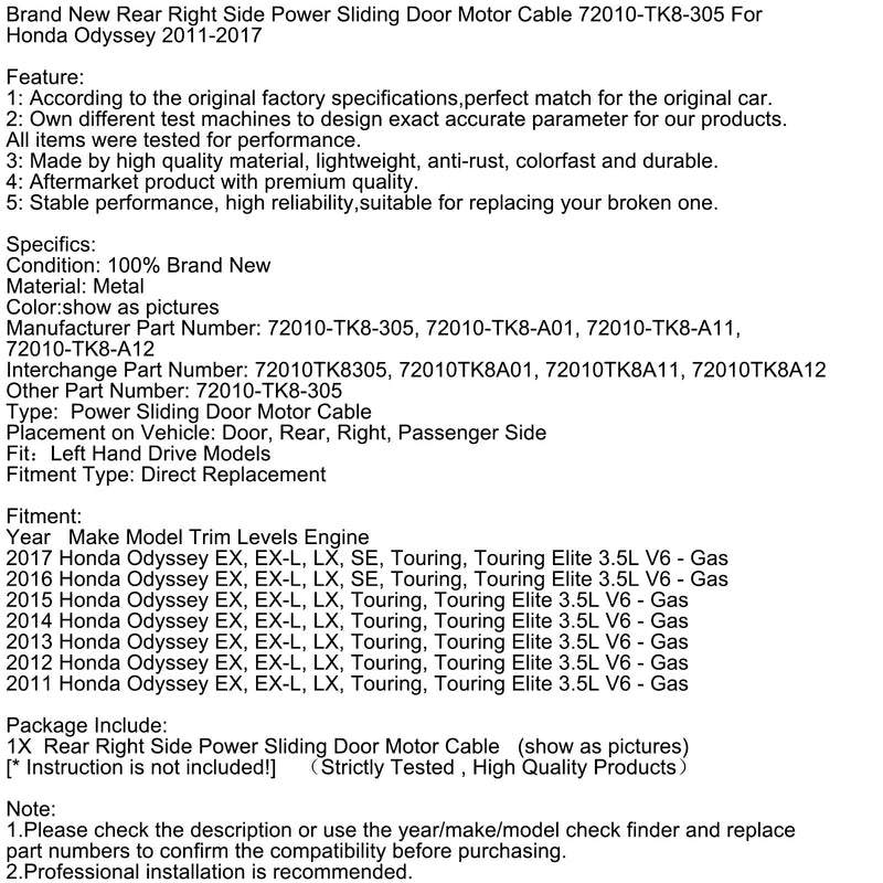 Hinten Rechts Seite Power Schiebetür Motor Kabel 72010-TK8-305 Für Honda Odyssey