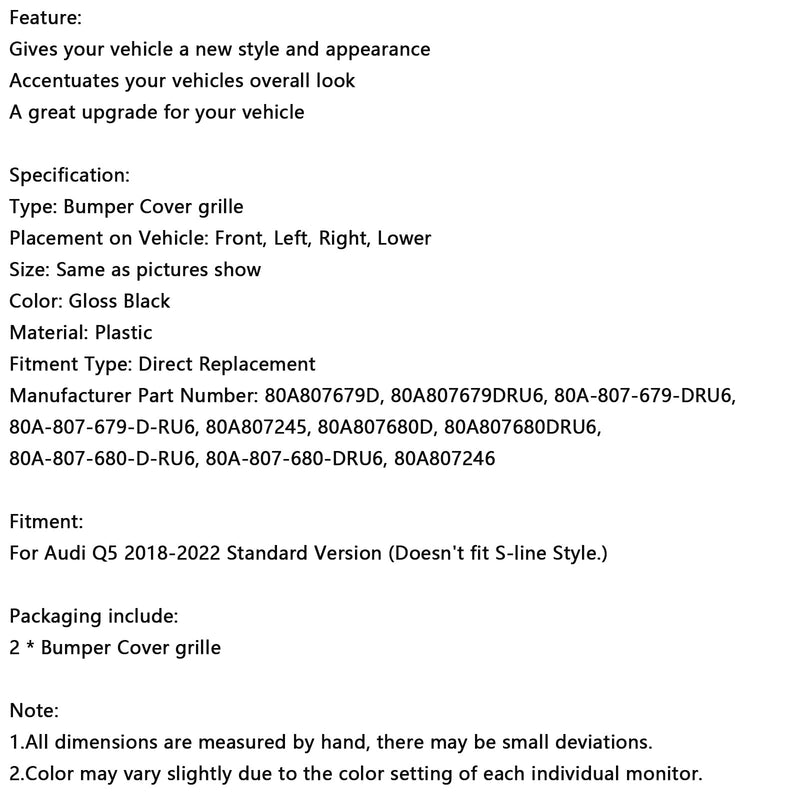 2 kpl etupuskurin kannen säleikön kehyksen sisäosa Audi Q5 2018-2022 meshille