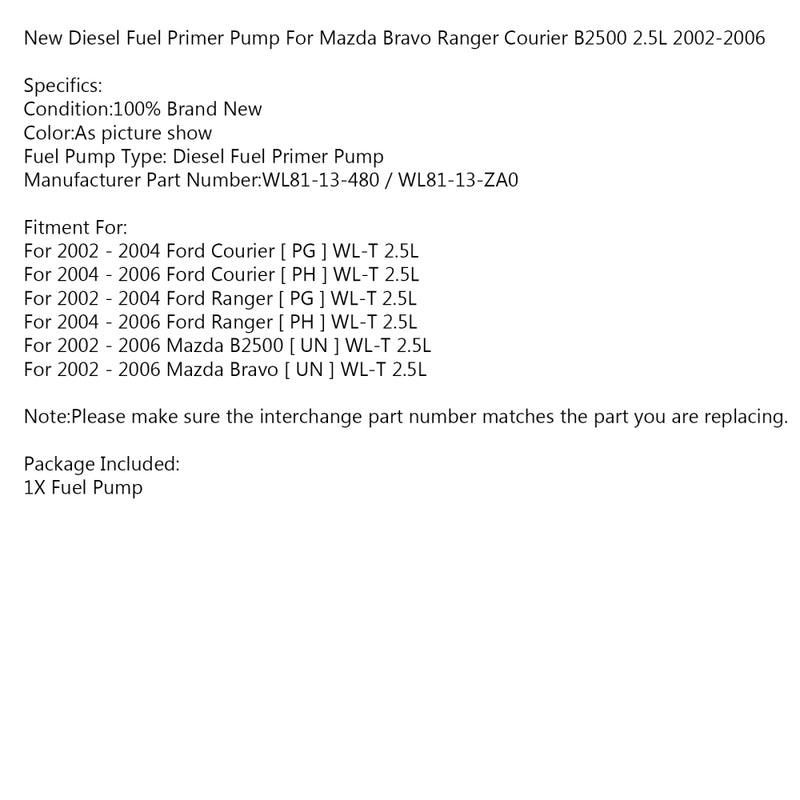 New Diesel Kraftstoffpumpe Für Mazda Bravo Ranger Courier B2500 2.5L 2002-2006