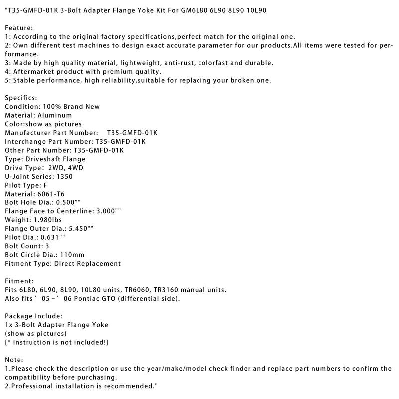 Sada přírubového třmenu T35-GMFD-01K 3 šrouby pro GM6L80 6L90 8L90 10L90
