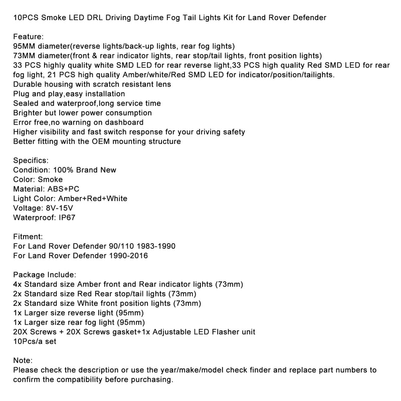 1983-1990 Land Rover Defender 90/110 tonade LED varselljus set Bakre dimljus paket med 10