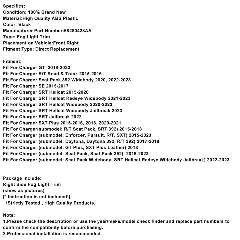 Rechte Seite Nebel Licht Lünette Für Dodge Charger 2015-2022 68280428AA