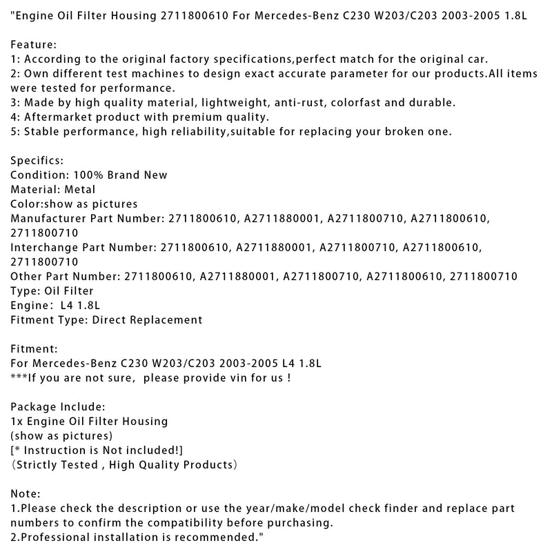 Ölfiltergehäuse für Mercedes-Benz C230 W203/C203 1,8L Motor (2003–2005) 2711800610