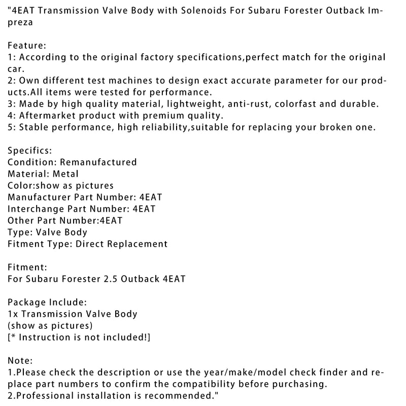 Subaru Forester Outback Impreza 4EAT girkasseventilhus med solenoider