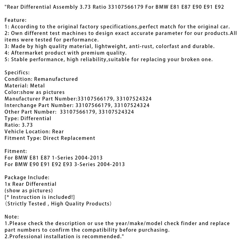 Rear Differential Assembly 3.73 Ratio 33107566179 Fit For BMW E81 E87 E90 E91 E92