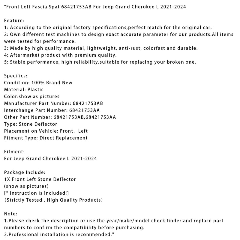 2021–2024 Jeep Grand Cherokee L Front links Fascia Spat 68421753AB