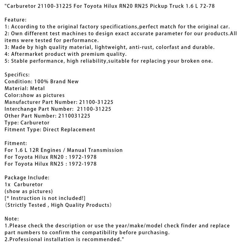 1972–1978 Toyota Hilux RN20 RN25 Pickup Truck 1,6 l Vergaser 21100–31225