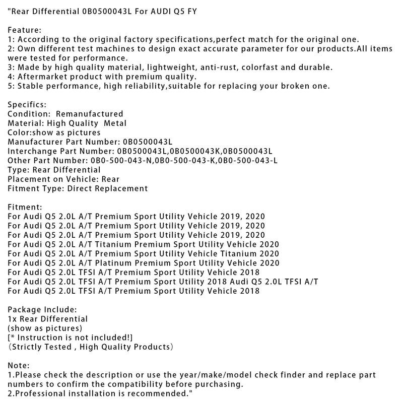 2018 Audi Q5 2.0L TFSI A/T Premium Sport Utility Vehicle Titan-Hinterachsdifferenzial 0B0500043L 0B0500043K