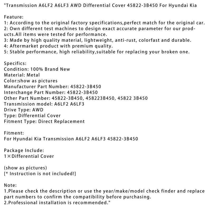Tampa diferencial de transmissão de Hyundai Kia 4WD 45822-3B450 A6LF2 A6LF3