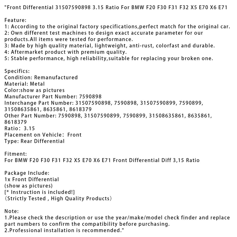 BMW F20 F30 F31 F32 X5 E70 X6 E71 Vorderachsdifferential 31507590898 3,15 Verhältnis 7590898 31507590898