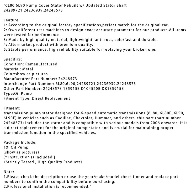 6L80 6L90 Pumpendeckel-Stator umgebaut mit aktualisierter Statorwelle 24289721 24236939