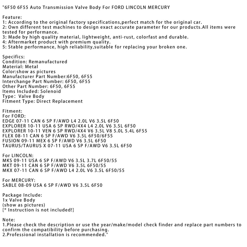 2007-2011 LINCOLN Mkx Can 6 SP F/AWD L4 2.0L V6 3.5L 6F50/55 Automaattivaihteisto Venttiilin runko 6 vaihdetta