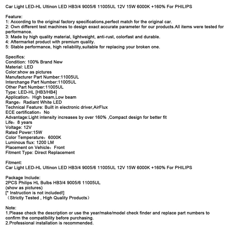 Auto Licht LED-HL Ultinon LED HB3/4 9005/6 11005UL 12V 15W +160% Für PHILIPS