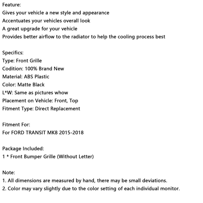 2015–2018 Ford Transit MK8 Raptor Matt Schwarzer -jäähdytysrilli etupuskurille