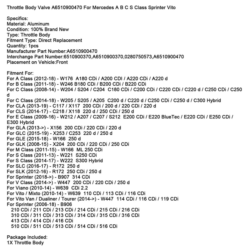 2014-up Mercedes Benz V-Klasse W447 200 CDi / 220 CDi / 250 d Drosselklappenventil A6510900470