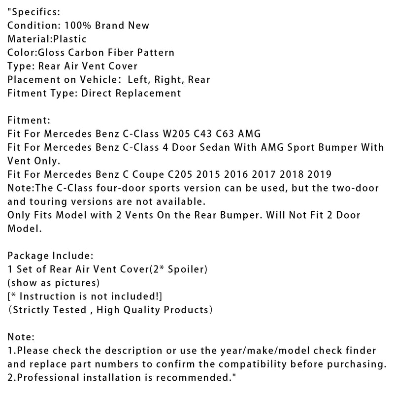 Hintere Lüftungsabdeckung aus Kohlefaser-Optik für Benz C-Klasse W205 C43 C63 2014–2019