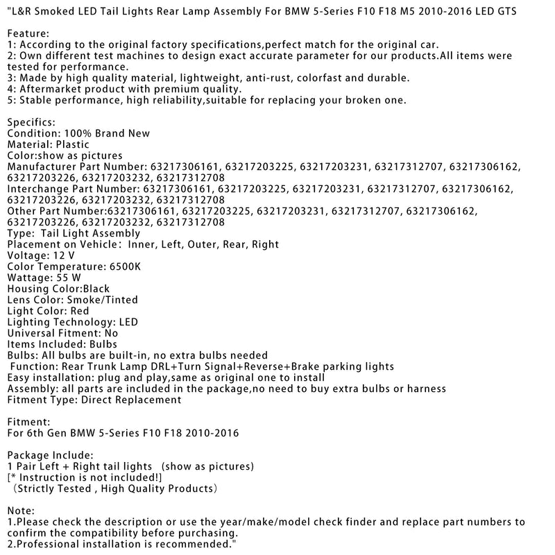 2010–2016 BMW 6. Generación 5 Serie 5F18 M5 L&R LED TINTADO LED TRASERO Módulo de luz Módulo de luz Conjunto