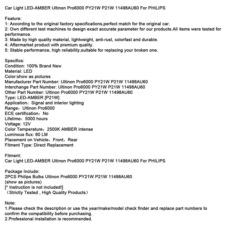 Auto Licht LED-AMBER Ultinon Pro6000 PY21W P21W 11498AU60 Für PHILIPS