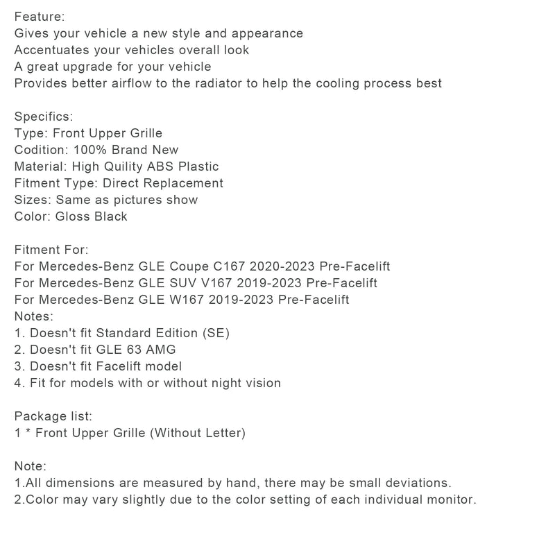 2020-2023 Pre-Facelift GLE Coupe C167 Mercedes-Benz jäähdyttimen säleikkö kiiltävän mustana
