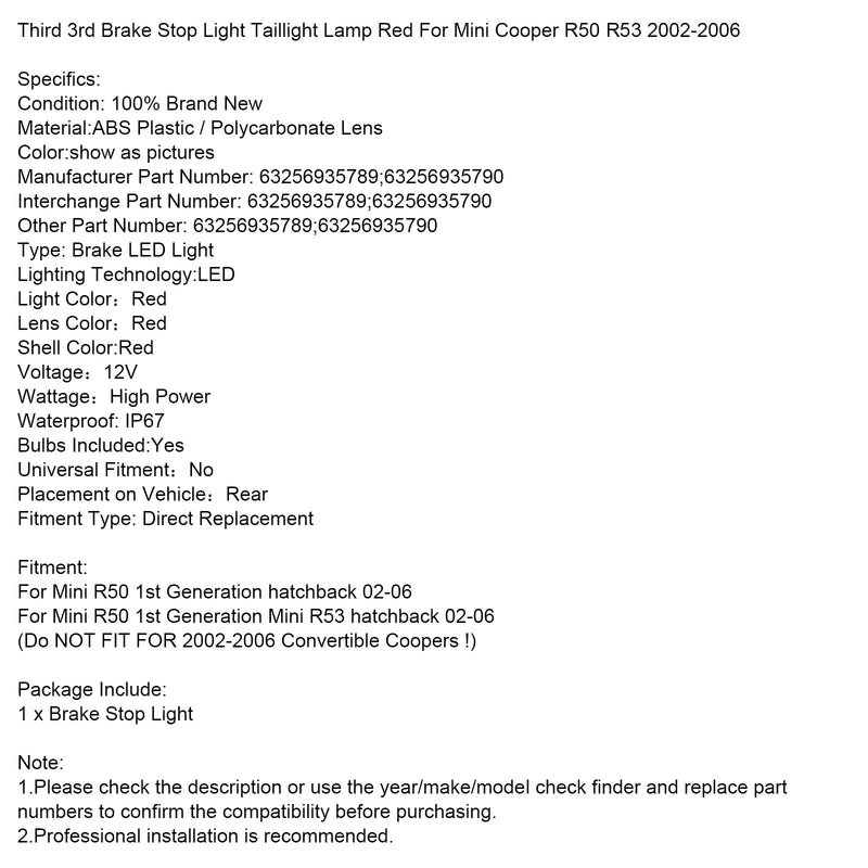 Dritte 3. Bremse Stop Licht Rücklicht Lampe Rot Für Mini Cooper R50 R53 02-06