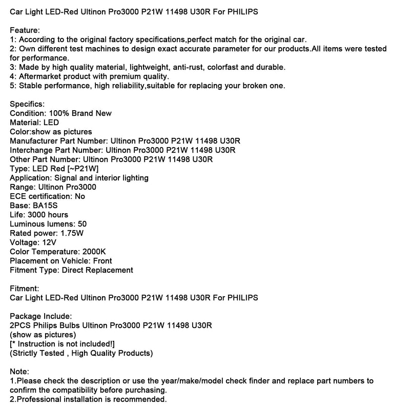 Auto Licht LED-Rot Ultinon Pro3000 P21W 11498 U30R Für PHILIPS
