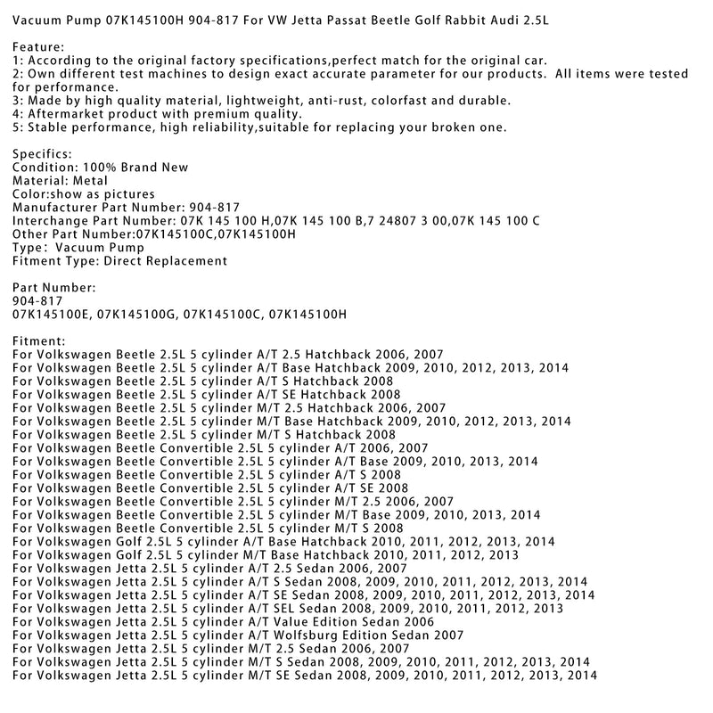 2006-2007 Volkswagen Beetle Cabriolet 2,5L 5-sylindret A/T-vakuumpumpe 07K145100H 904-817